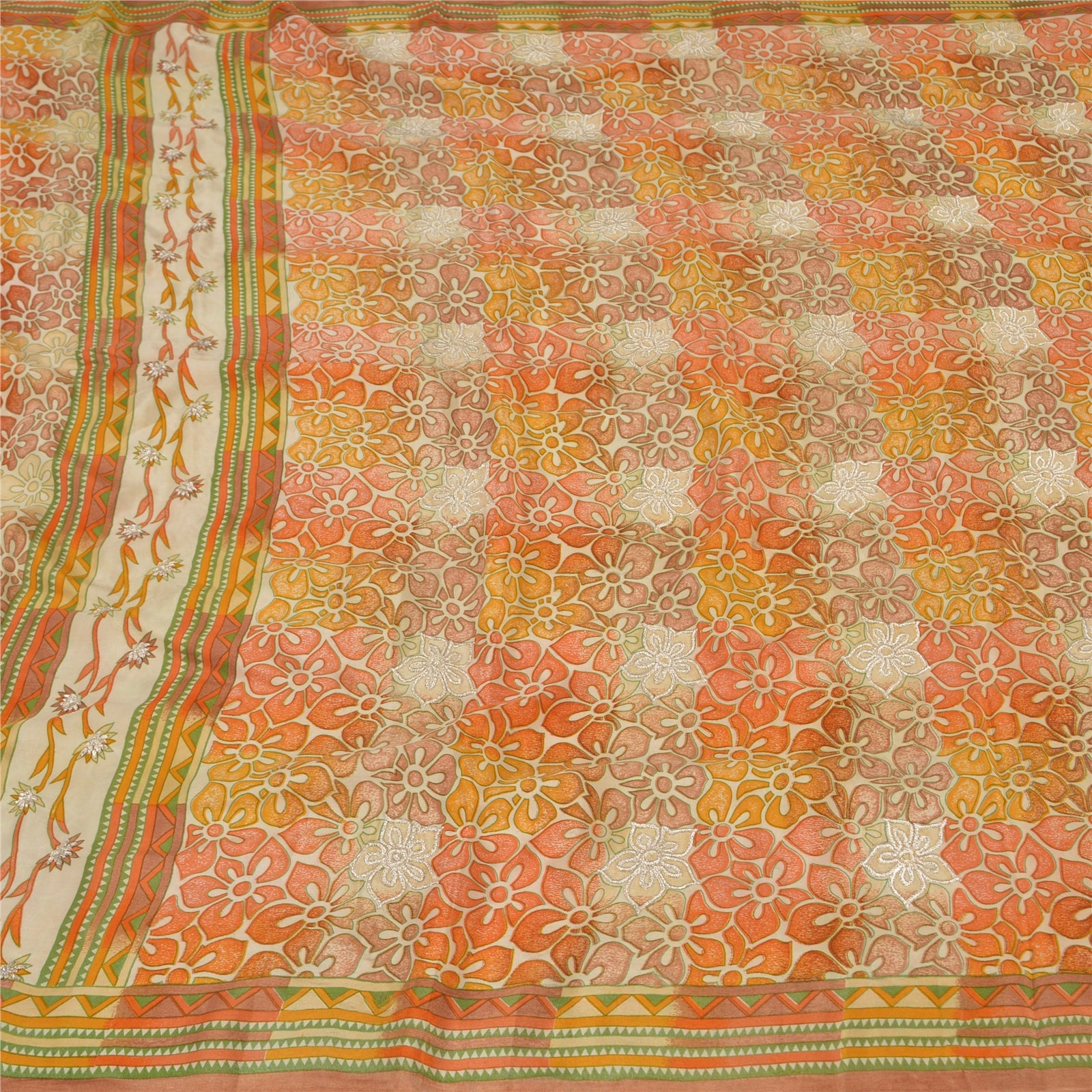 Sanskriti Vintage Sarees Pure Crepe Silk Hand Embroidered 5yrd Craft Fabric Sari