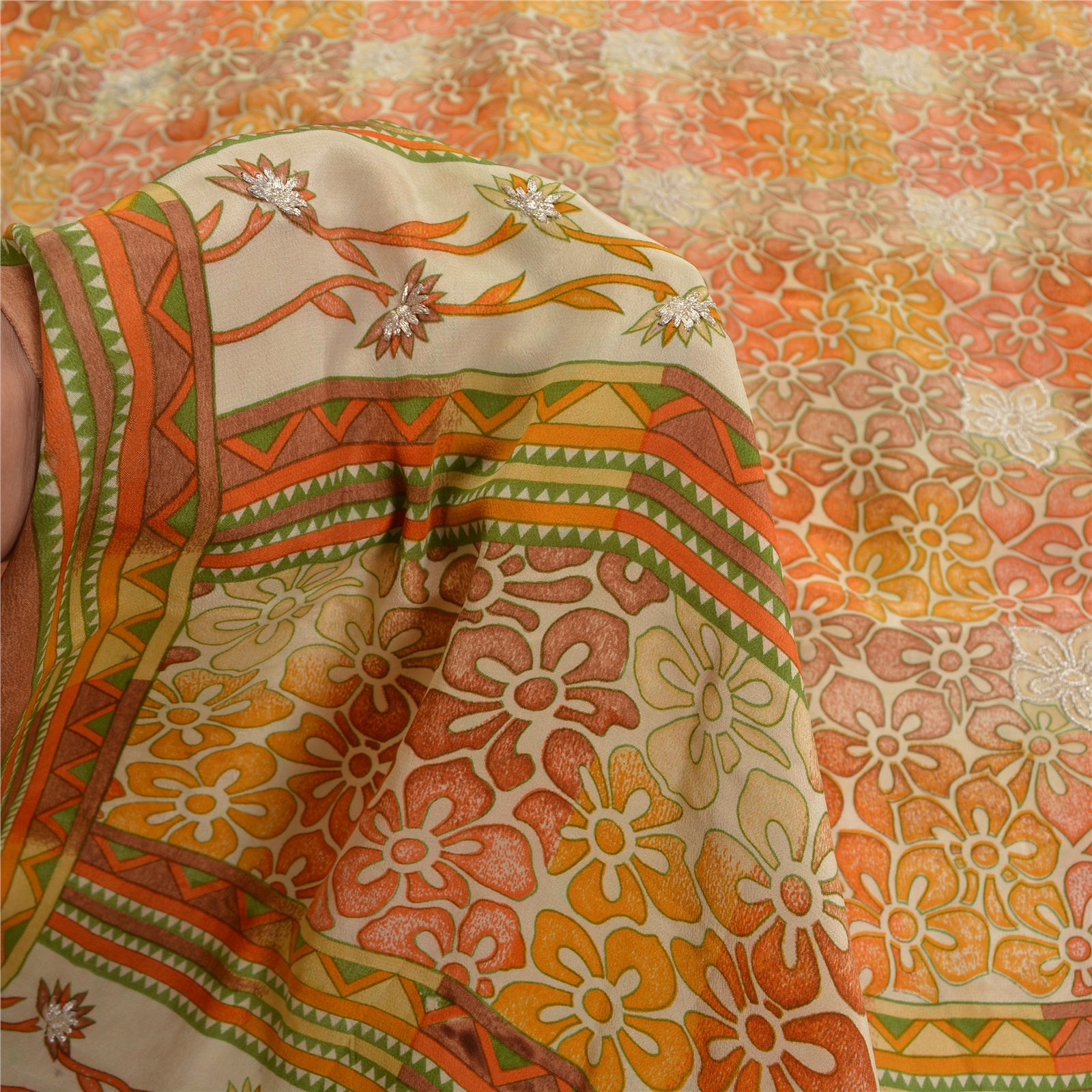 Sanskriti Vintage Sarees Pure Crepe Silk Hand Embroidered 5yrd Craft Fabric Sari