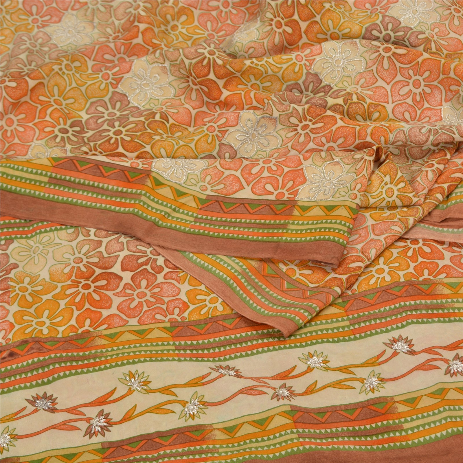 Sanskriti Vintage Sarees Pure Crepe Silk Hand Embroidered 5yrd Craft Fabric Sari