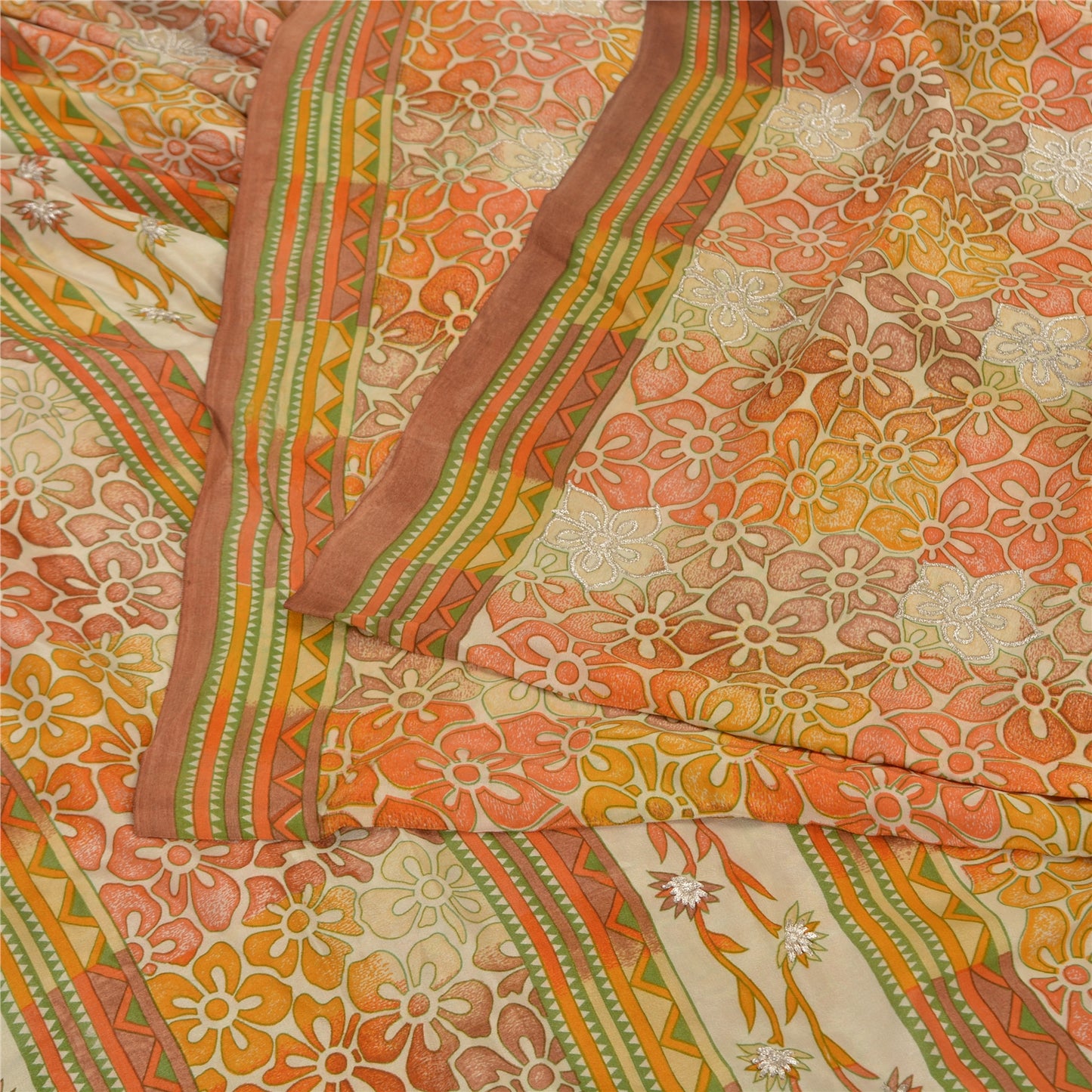 Sanskriti Vintage Sarees Pure Crepe Silk Hand Embroidered 5yrd Craft Fabric Sari