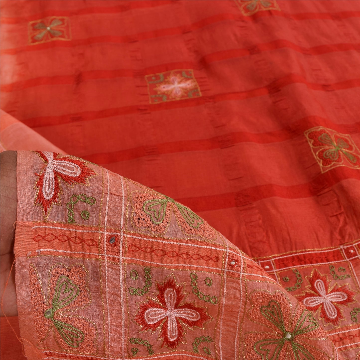 Sanskriti Vintage Red Sarees Pure Silk Hand Embroidered Sari 5+yd Craft Fabric