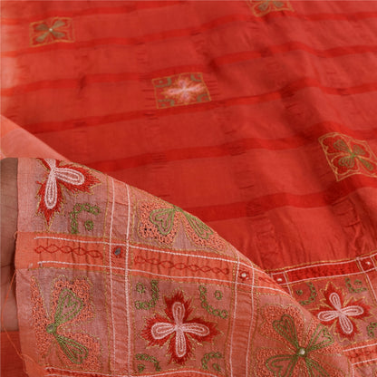 Sanskriti Vintage Red Sarees Pure Silk Hand Embroidered Sari 5+yd Craft Fabric
