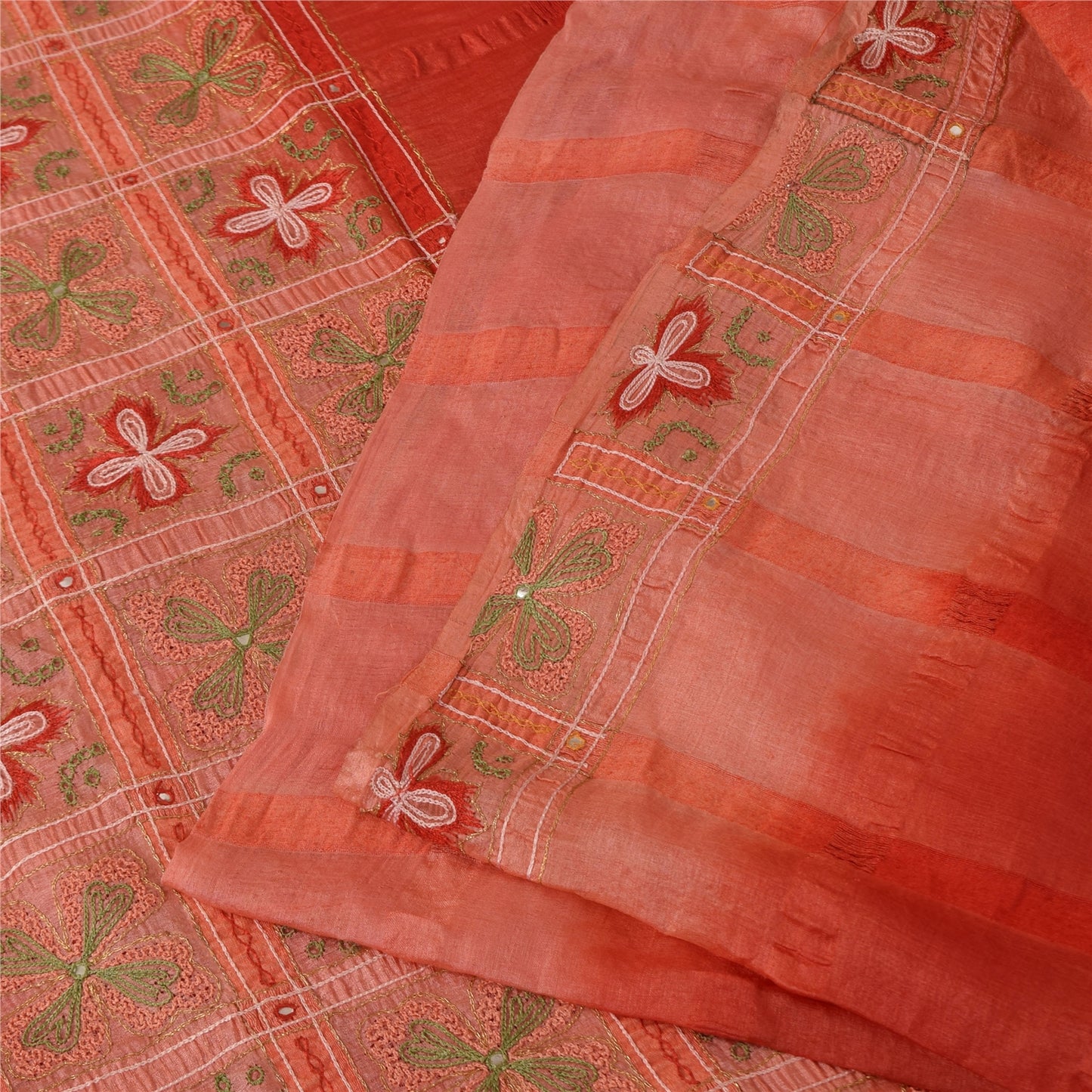 Sanskriti Vintage Red Sarees Pure Silk Hand Embroidered Sari 5+yd Craft Fabric