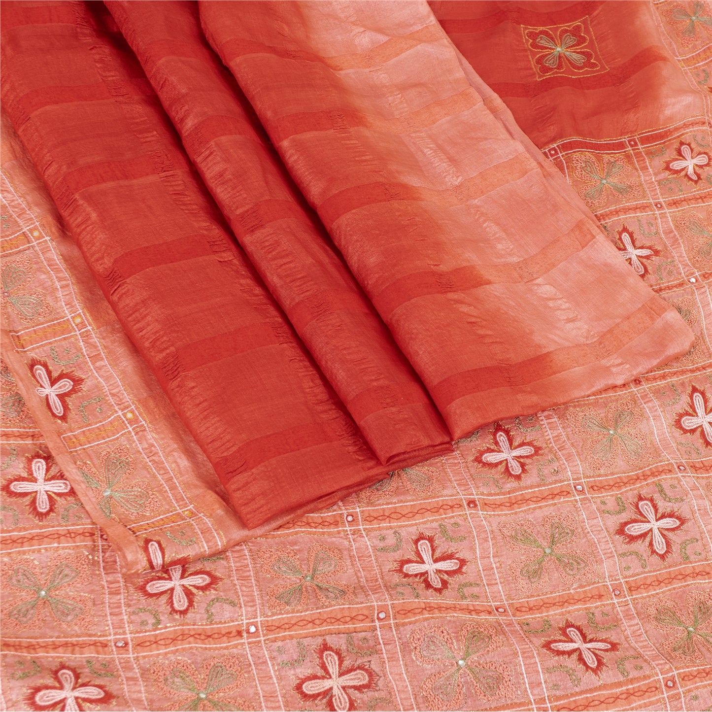 Sanskriti Vintage Red Sarees Pure Silk Hand Embroidered Sari 5+yd Craft Fabric