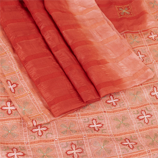 Sanskriti Vintage Red Sarees Pure Silk Hand Embroidered Sari 5+yd Craft Fabric