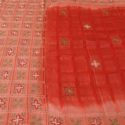 Sanskriti Vintage Red Sarees Pure Silk Hand Embroidered Sari 5+yd Craft Fabric