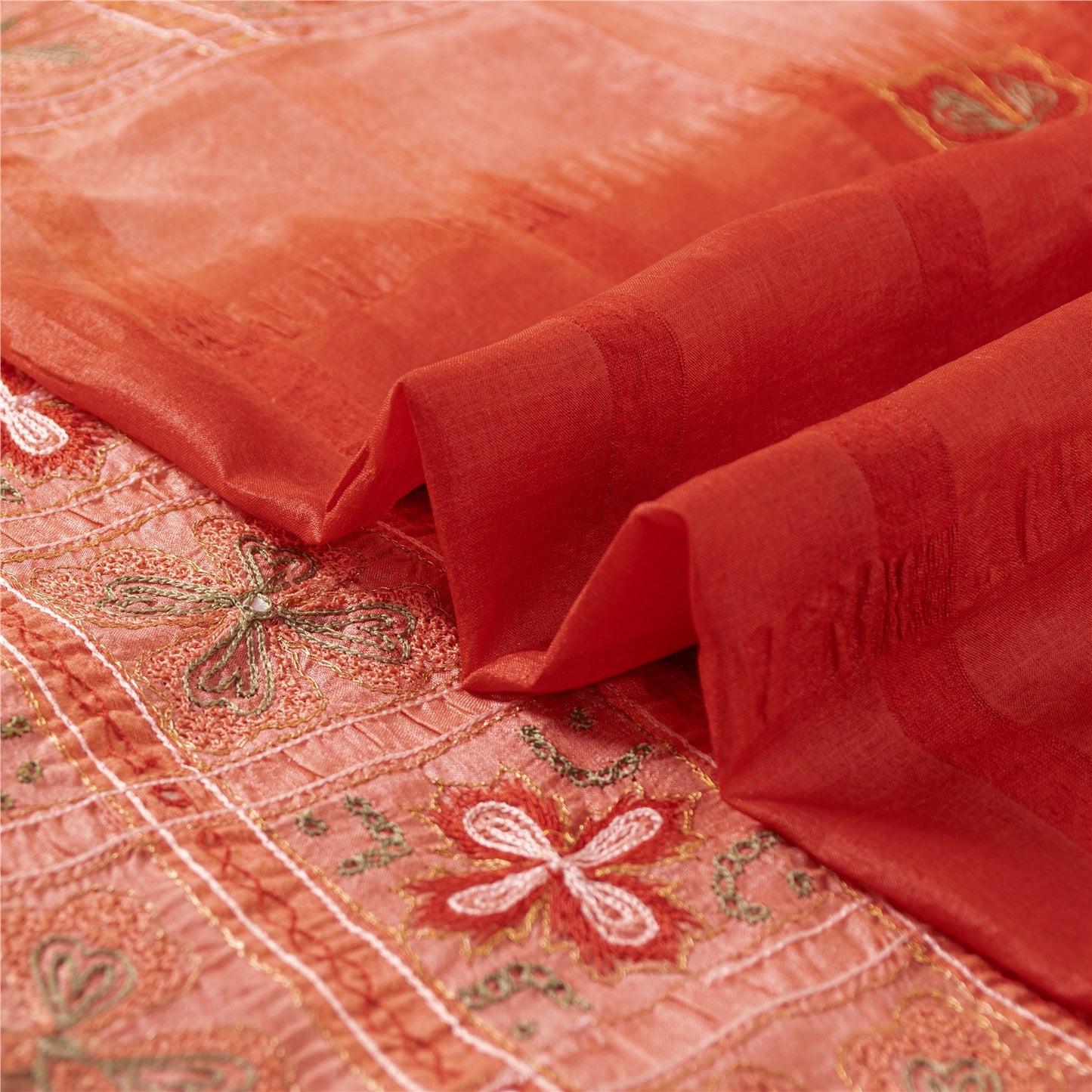 Sanskriti Vintage Red Sarees Pure Silk Hand Embroidered Sari 5+yd Craft Fabric