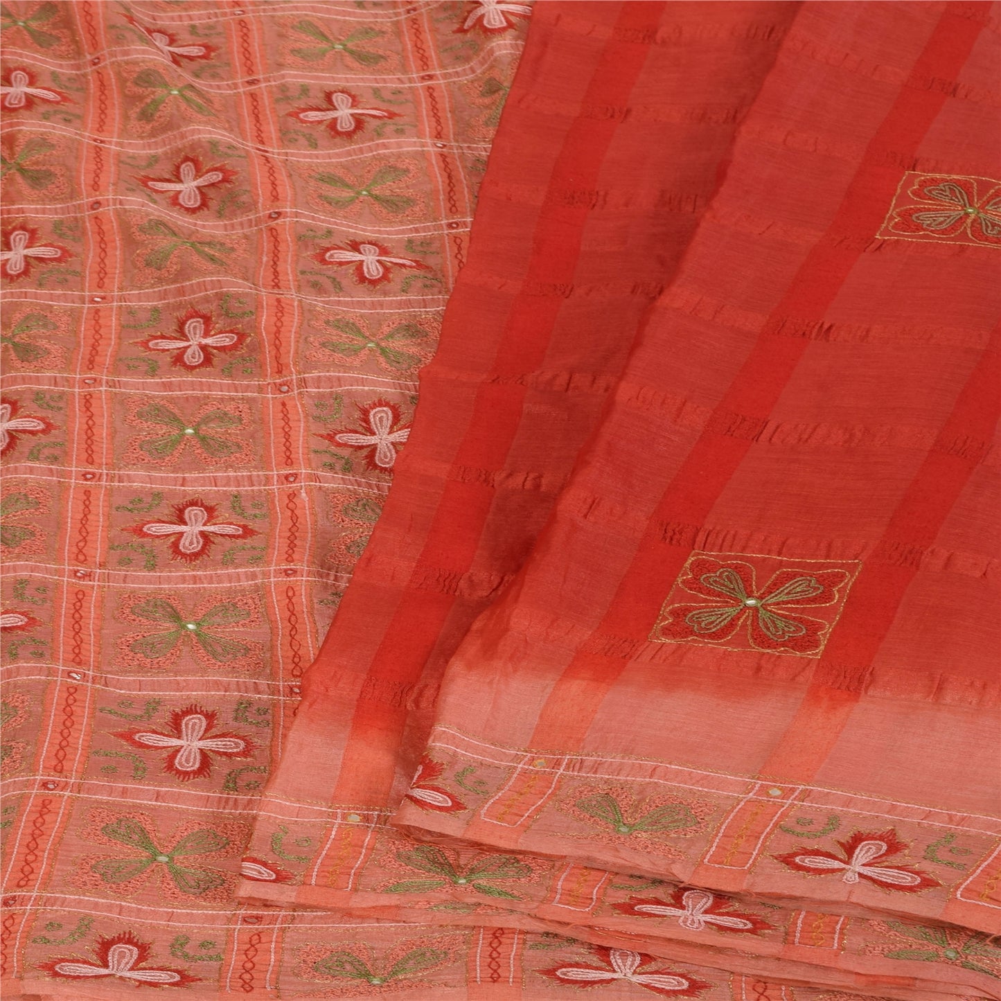Sanskriti Vintage Red Sarees Pure Silk Hand Embroidered Sari 5+yd Craft Fabric