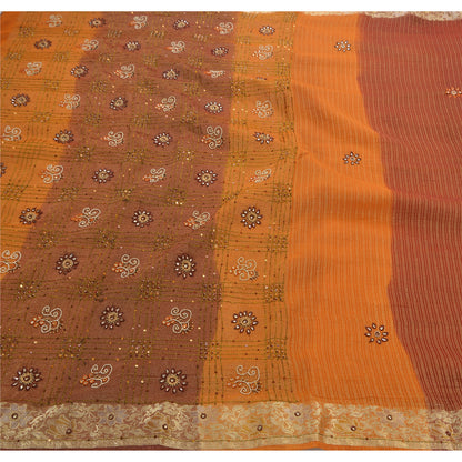 Sanskriti Vintage Orange Sarees Georgette Hand Beaded Woven Craft Fabric Sari