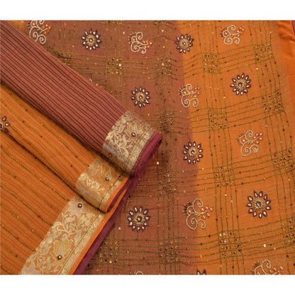 Sanskriti Vintage Orange Sarees Georgette Hand Beaded Woven Craft Fabric Sari