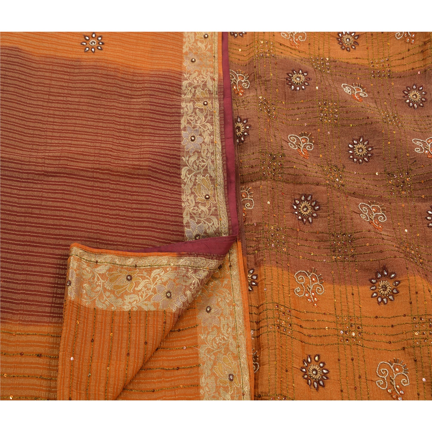 Sanskriti Vintage Orange Sarees Georgette Hand Beaded Woven Craft Fabric Sari