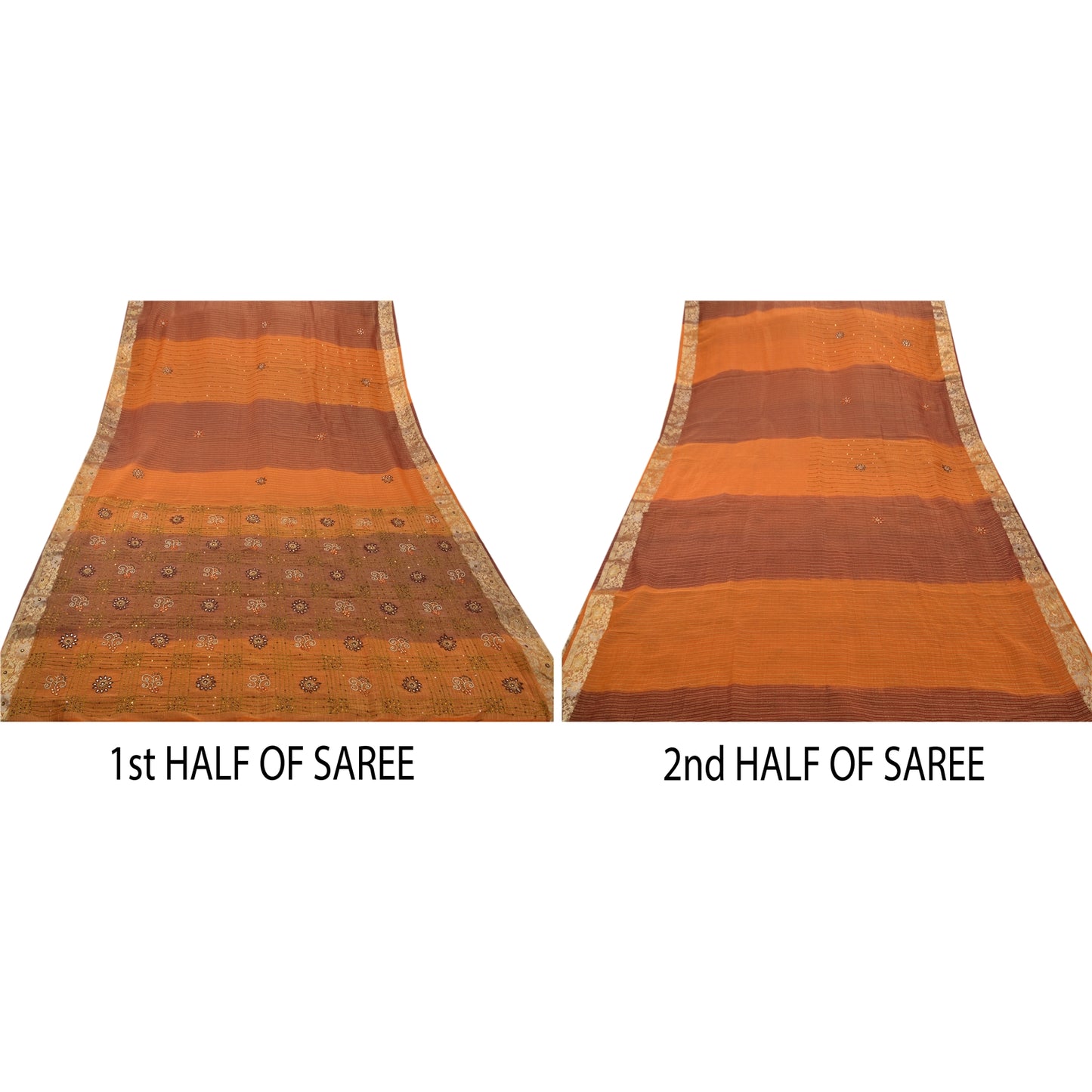 Sanskriti Vintage Orange Sarees Georgette Hand Beaded Woven Craft Fabric Sari