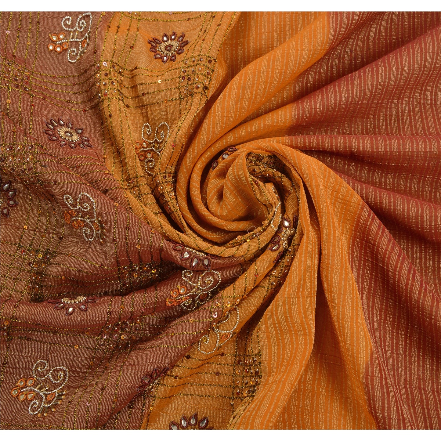 Sanskriti Vintage Orange Sarees Georgette Hand Beaded Woven Craft Fabric Sari