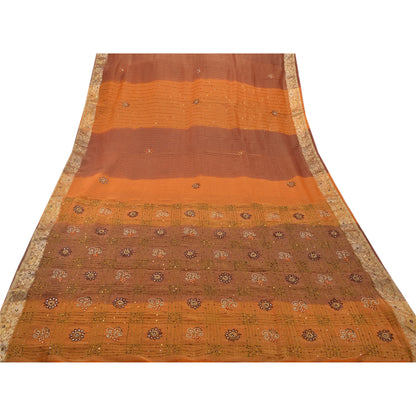 Sanskriti Vintage Orange Sarees Georgette Hand Beaded Woven Craft Fabric Sari