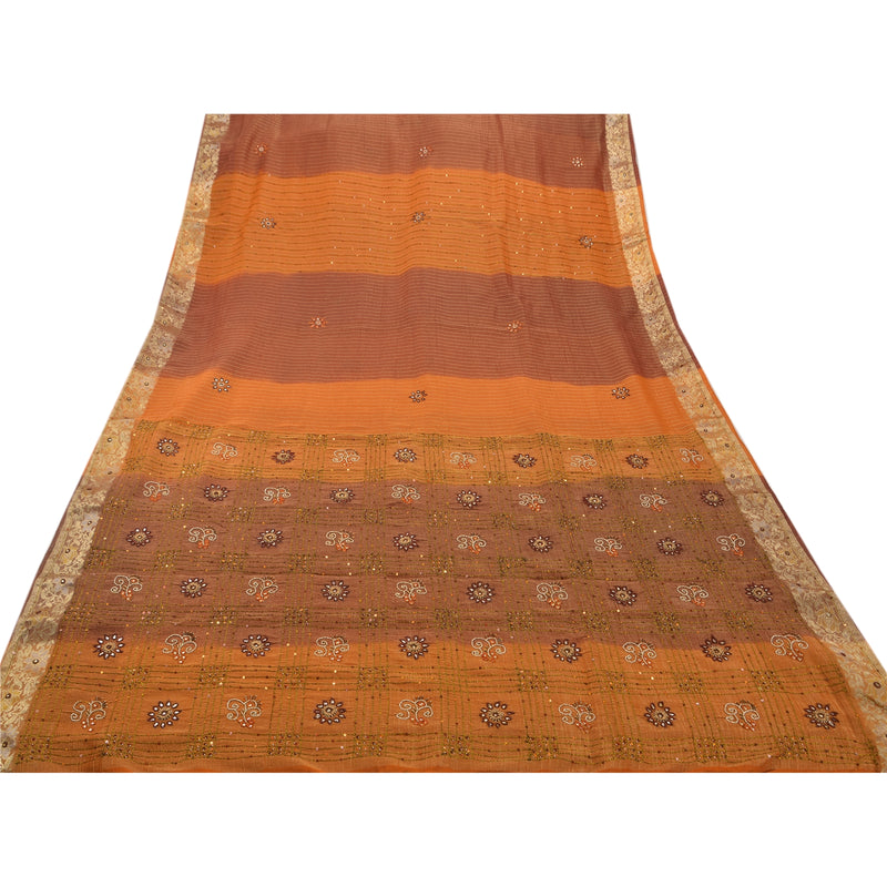 Sanskriti Vintage Orange Sarees Georgette Hand Beaded Woven Craft Fabric Sari