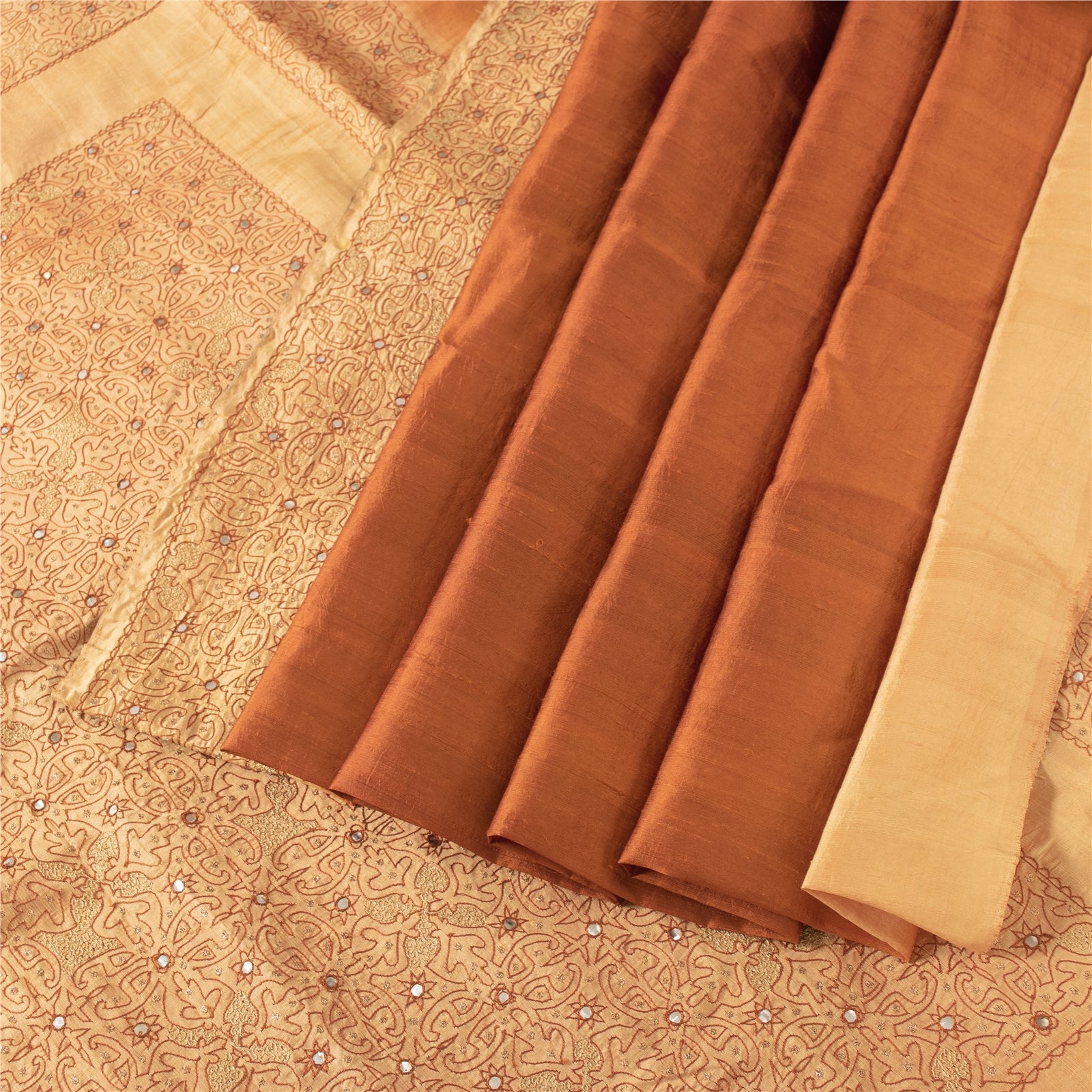 Sanskriti Vintage Orange/Peach Sarees Pure Silk Hand Beaded Zari 5yd Fabric Sari