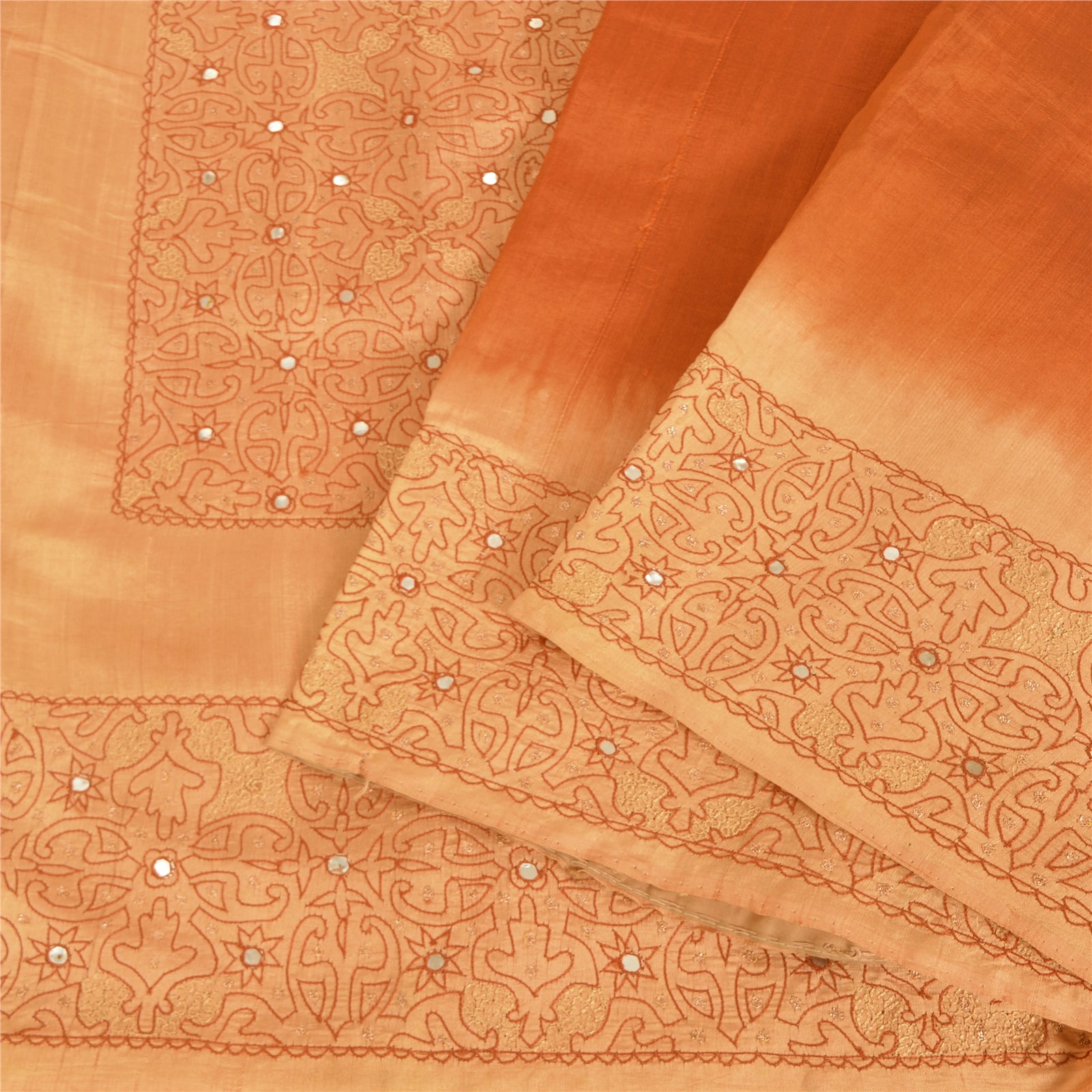 Sanskriti Vintage Orange/Peach Sarees Pure Silk Hand Beaded Zari 5yd Fabric Sari