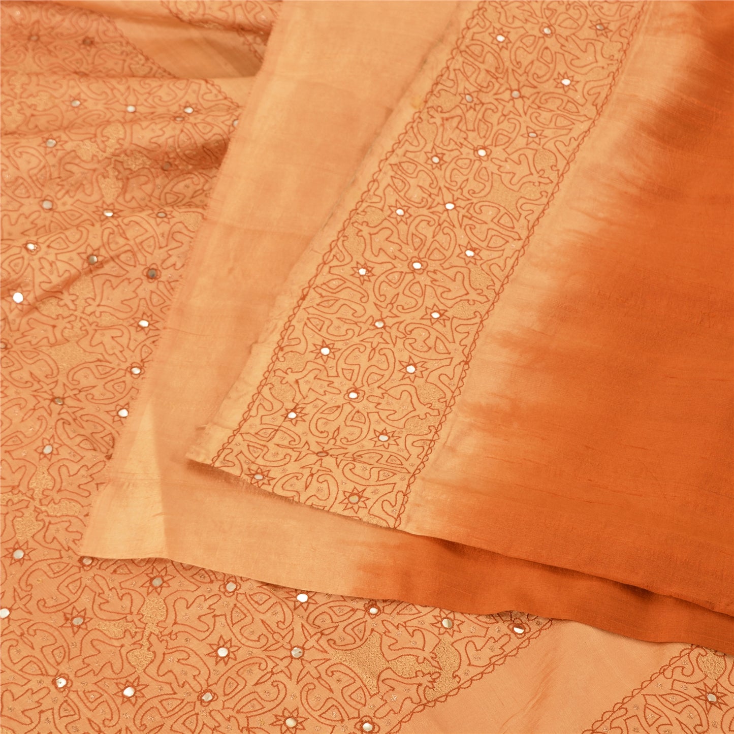 Sanskriti Vintage Orange/Peach Sarees Pure Silk Hand Beaded Zari 5yd Fabric Sari
