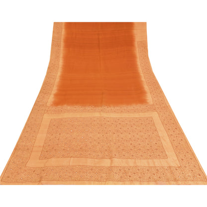 Sanskriti Vintage Orange/Peach Sarees Pure Silk Hand Beaded Zari 5yd Fabric Sari