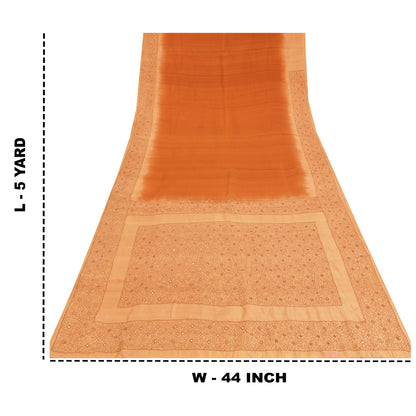Sanskriti Vintage Orange/Peach Sarees Pure Silk Hand Beaded Zari 5yd Fabric Sari