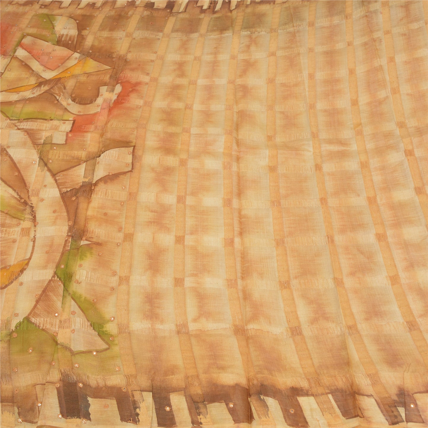 Sanskriti Vintage Cream Sarees Pure Silk Hand Beaded Painted Craft Fabric Sari