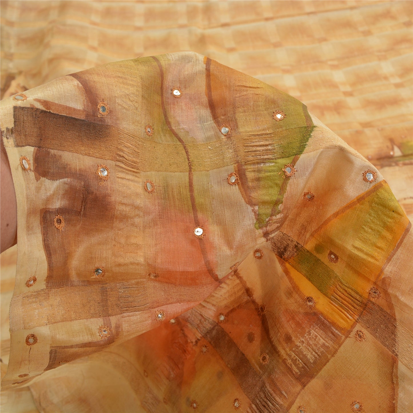 Sanskriti Vintage Cream Sarees Pure Silk Hand Beaded Painted Craft Fabric Sari