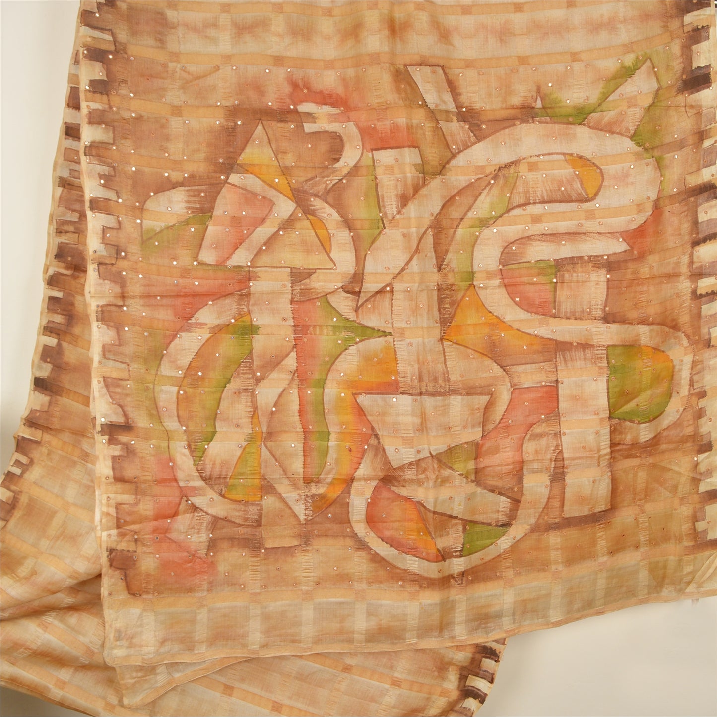 Sanskriti Vintage Cream Sarees Pure Silk Hand Beaded Painted Craft Fabric Sari