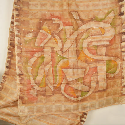 Sanskriti Vintage Cream Sarees Pure Silk Hand Beaded Painted Craft Fabric Sari