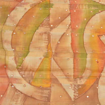 Sanskriti Vintage Cream Sarees Pure Silk Hand Beaded Painted Craft Fabric Sari