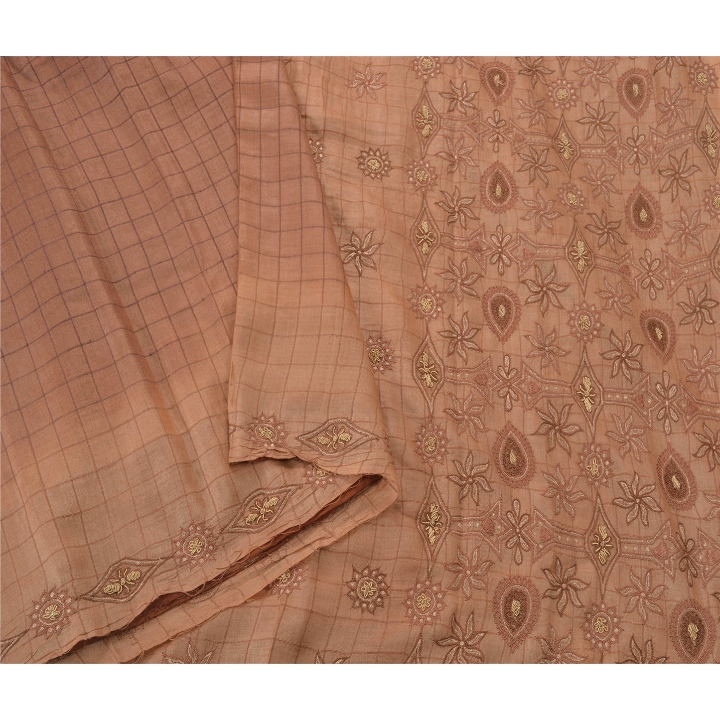 Sanskriti Vintage Sarees 100% Pure Silk Hand Embroidered Brown Fabric Craft Sari