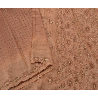Sanskriti Vintage Sarees 100% Pure Silk Hand Embroidered Brown Fabric Craft Sari