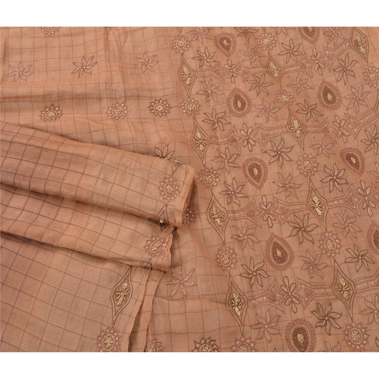 Sanskriti Vintage Sarees 100% Pure Silk Hand Embroidered Brown Fabric Craft Sari