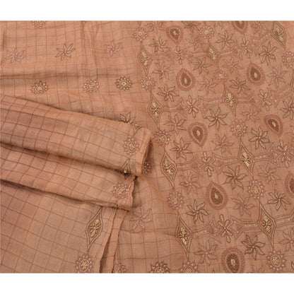 Sanskriti Vintage Sarees 100% Pure Silk Hand Embroidered Brown Fabric Craft Sari