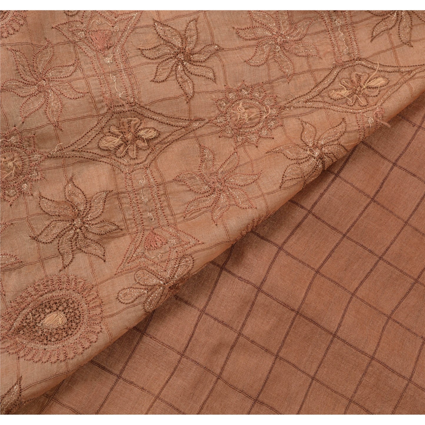 Sanskriti Vintage Sarees 100% Pure Silk Hand Embroidered Brown Fabric Craft Sari