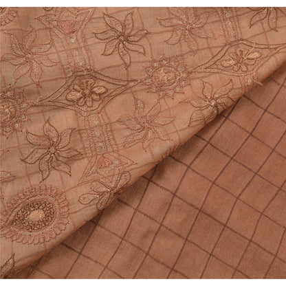 Sanskriti Vintage Sarees 100% Pure Silk Hand Embroidered Brown Fabric Craft Sari