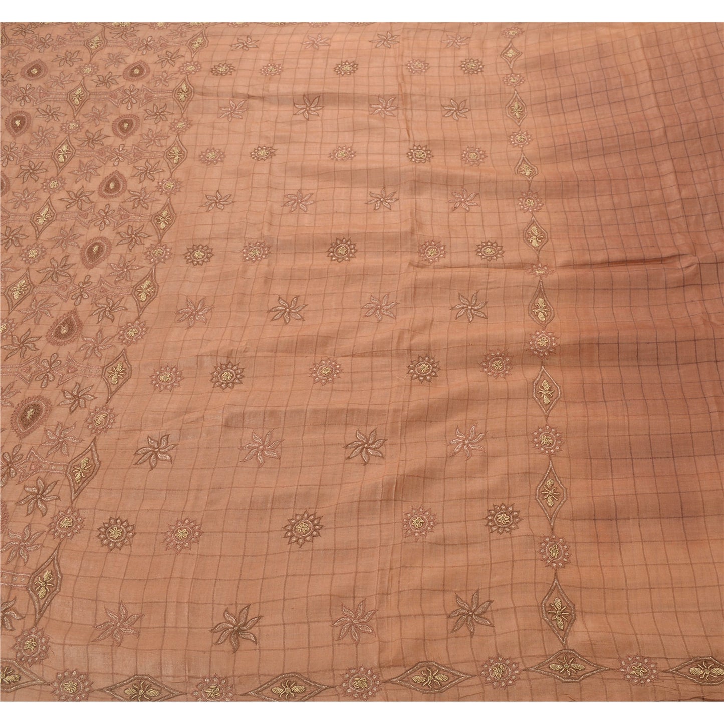 Sanskriti Vintage Sarees 100% Pure Silk Hand Embroidered Brown Fabric Craft Sari
