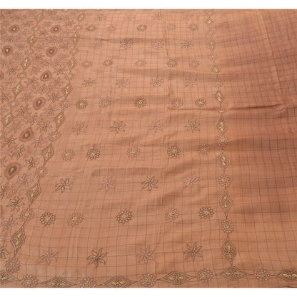 Sanskriti Vintage Sarees 100% Pure Silk Hand Embroidered Brown Fabric Craft Sari