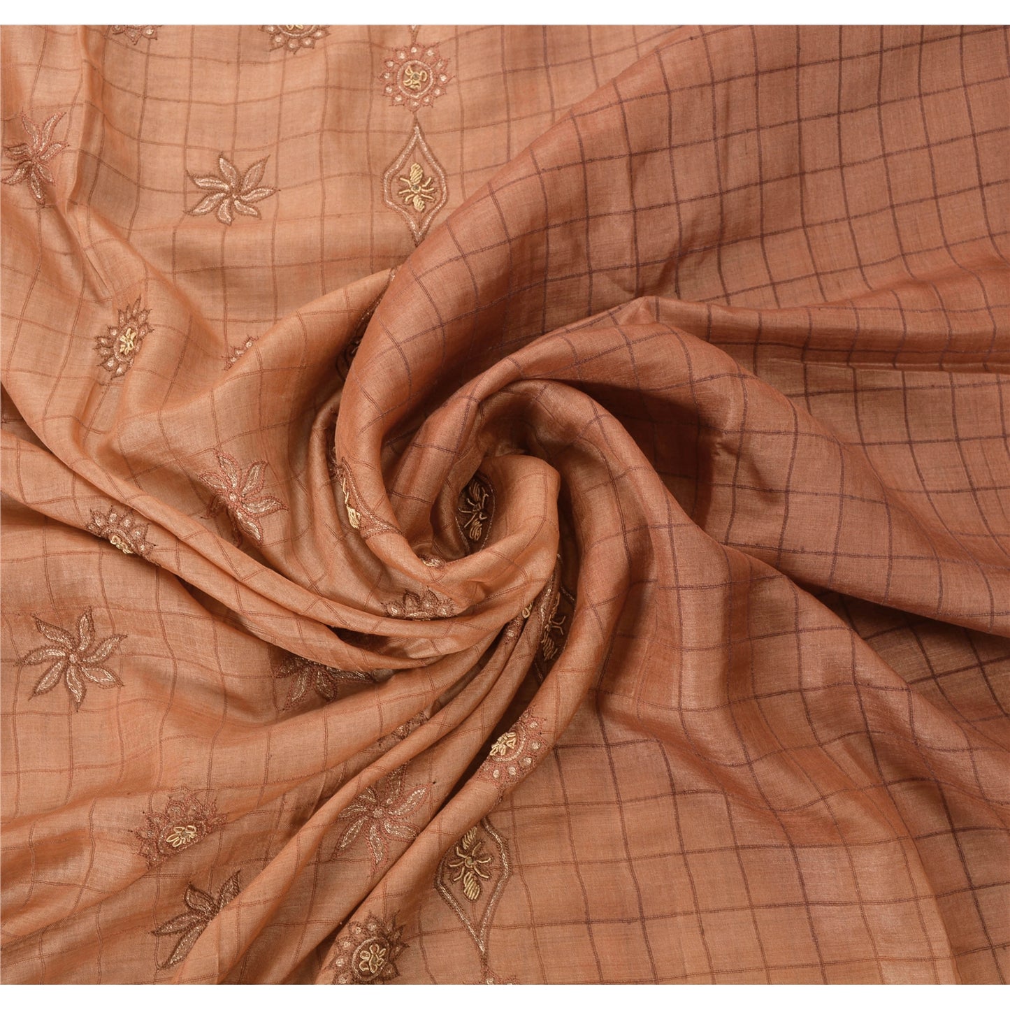 Sanskriti Vintage Sarees 100% Pure Silk Hand Embroidered Brown Fabric Craft Sari