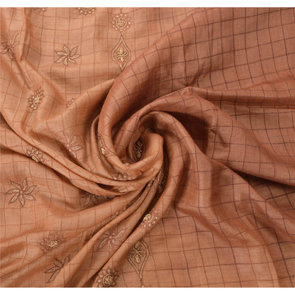 Sanskriti Vintage Sarees 100% Pure Silk Hand Embroidered Brown Fabric Craft Sari