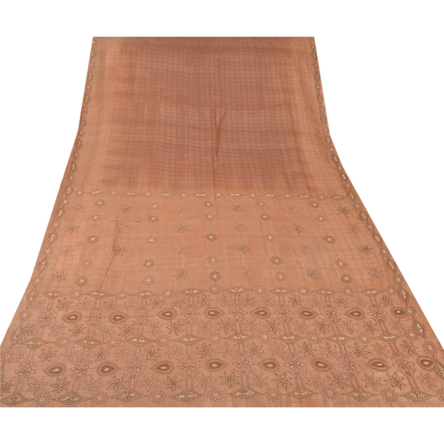 Sanskriti Vintage Sarees 100% Pure Silk Hand Embroidered Brown Fabric Craft Sari