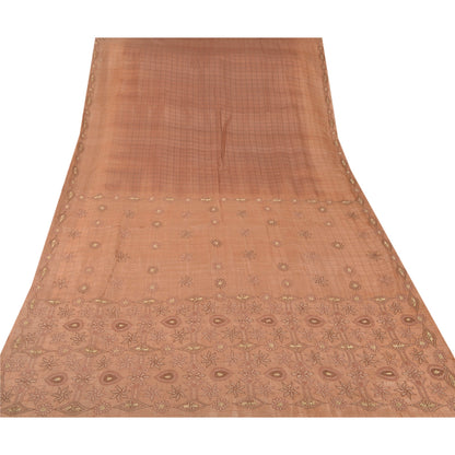 Sanskriti Vintage Sarees 100% Pure Silk Hand Embroidered Brown Fabric Craft Sari