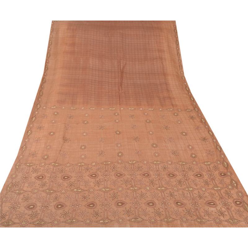 Sanskriti Vintage Sarees 100% Pure Silk Hand Embroidered Brown Fabric Craft Sari