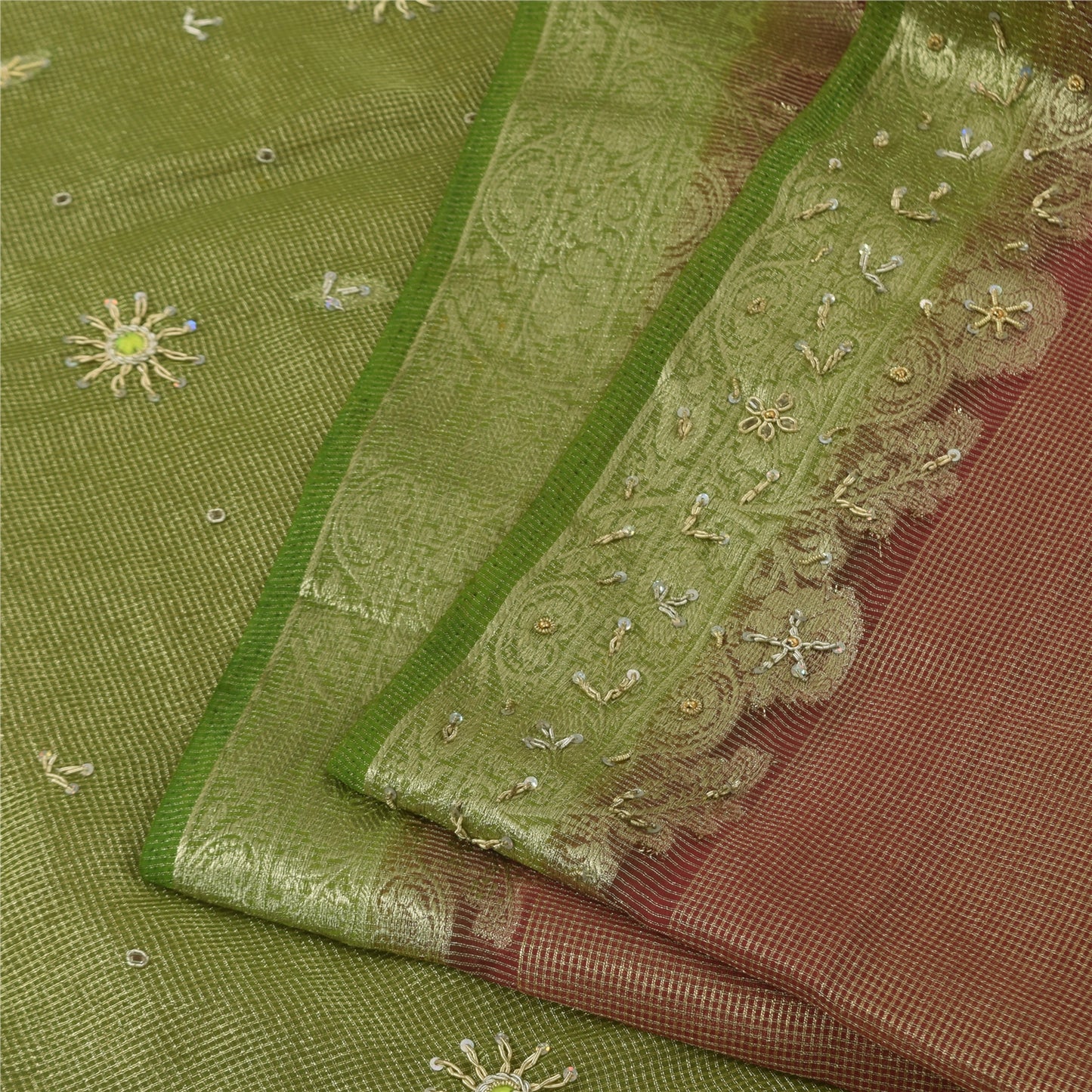 Sanskriti Vintage Dark Red Sarees Art Silk Hand Beaded Woven Craft Fabric Sari