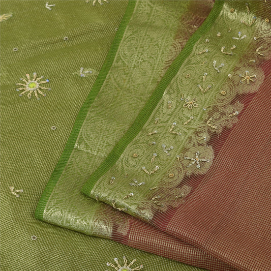 Sanskriti Vintage Dark Red Sarees Art Silk Hand Beaded Woven Craft Fabric Sari