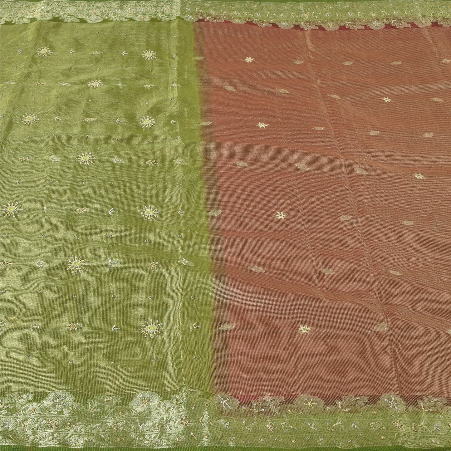 Sanskriti Vintage Dark Red Sarees Art Silk Hand Beaded Woven Craft Fabric Sari
