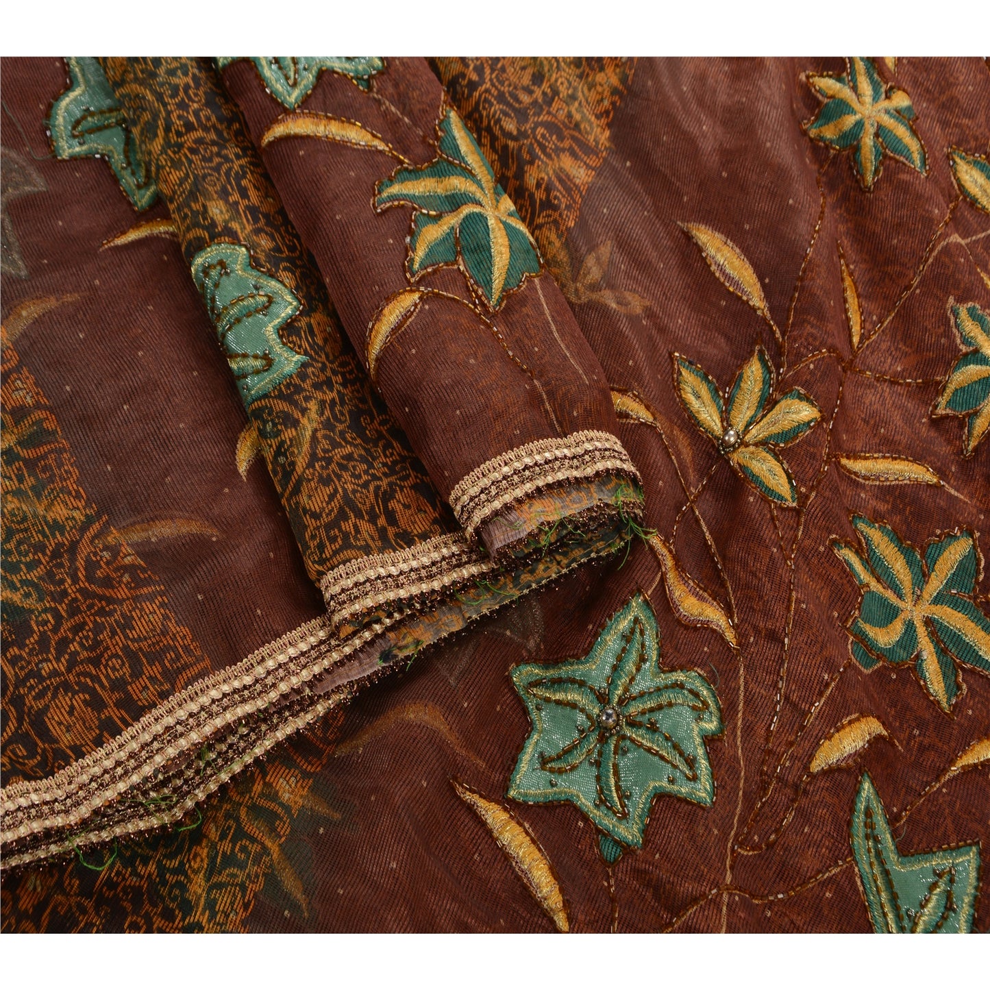 Sanskriti Vintage Brown Sarees Art Silk Hand Beaded Craft Fabric Premium Sari