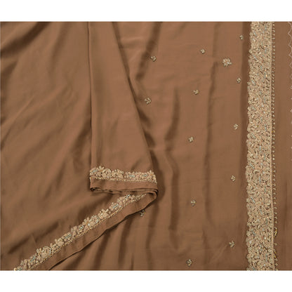 Sanskriti Vintage Sarees Art Silk Hand Beaded Brown Fabric Craft Ethnic Sari