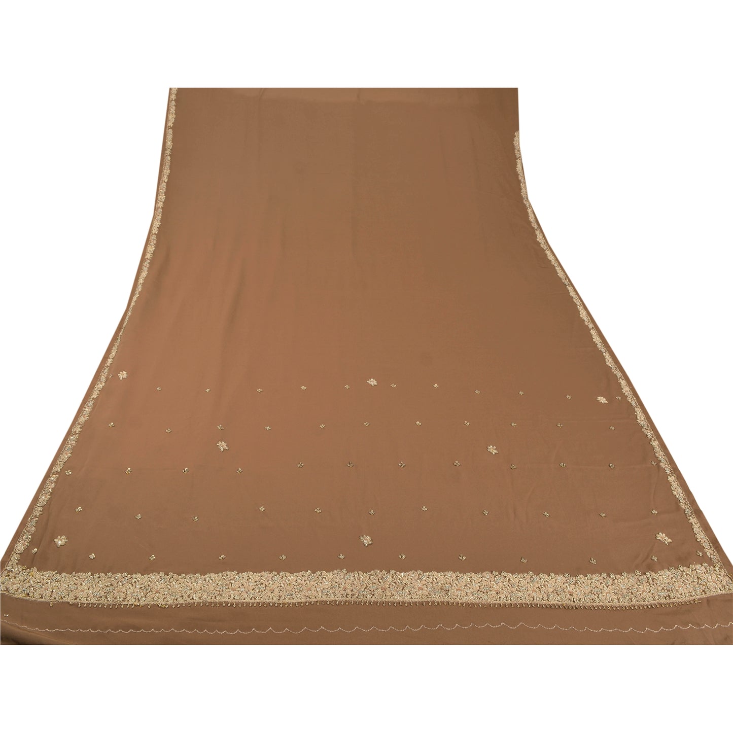 Sanskriti Vintage Sarees Art Silk Hand Beaded Brown Fabric Craft Ethnic Sari