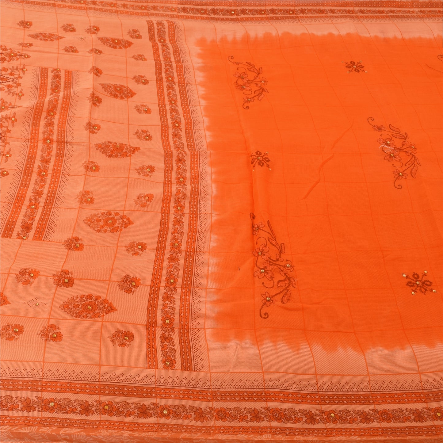 Sanskriti Vintage Orange Sarees Pure Cotton Hand Beaded Printed Fabric 5yrd Sari