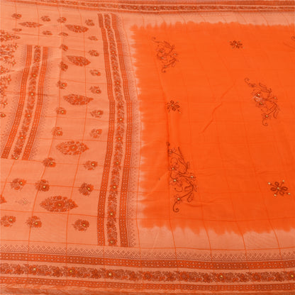 Sanskriti Vintage Orange Sarees Pure Cotton Hand Beaded Printed Fabric 5yrd Sari